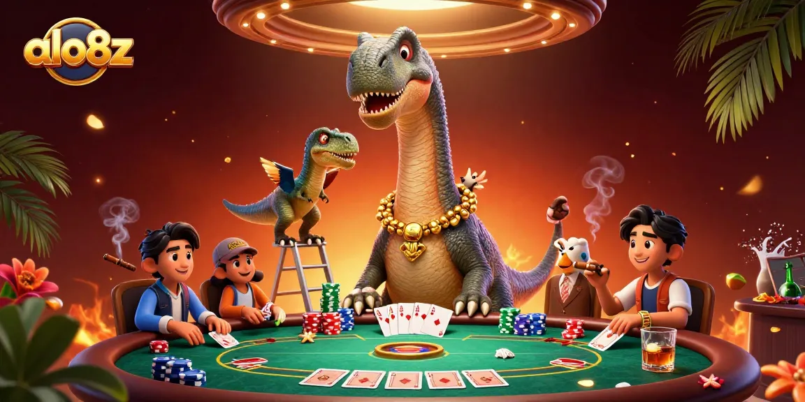 Experience exciting gaming at alo8z with a fun illustration of quirky characters in a casino