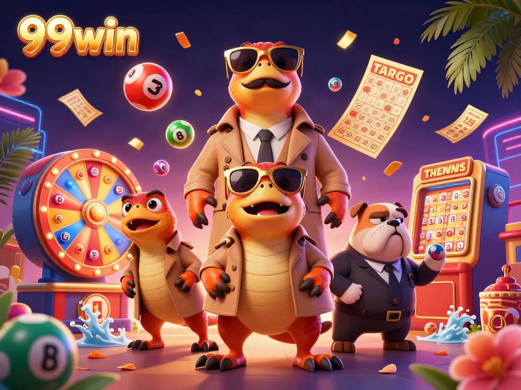 Experience the thrill of 99win as colorful lottery balls bounce around raptors in a trench coat at a casino lounge.