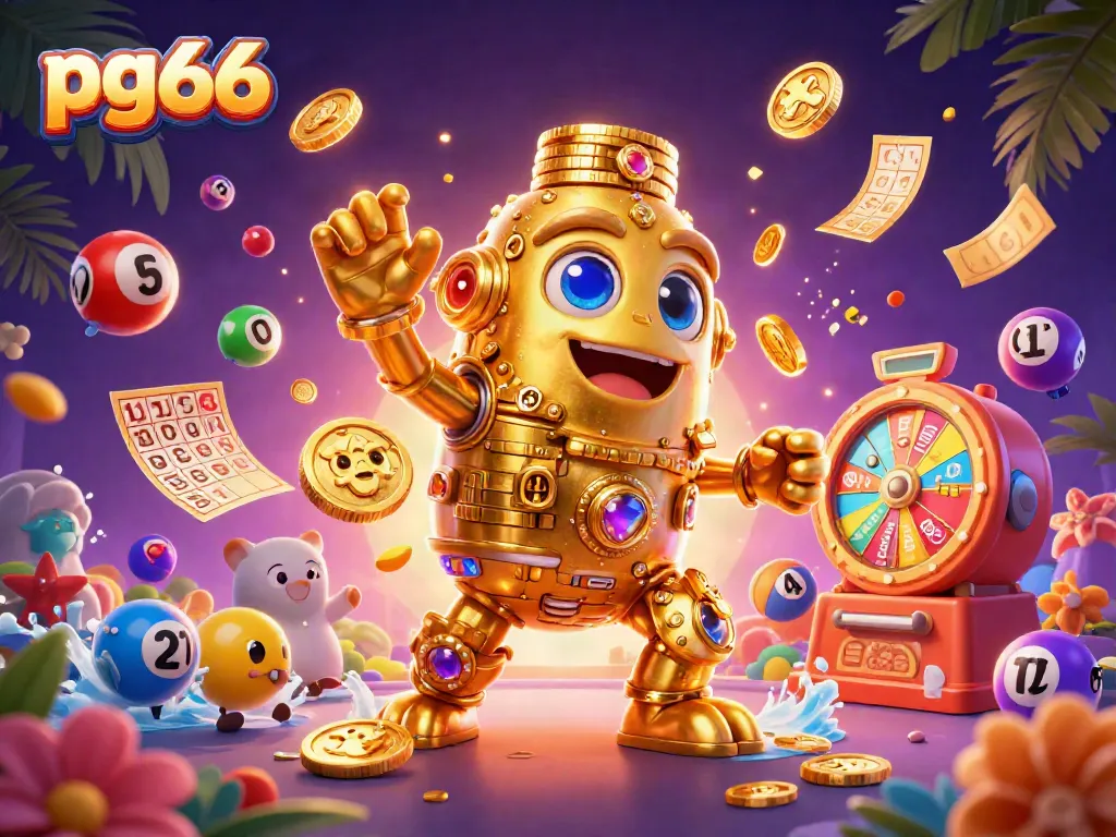 Engage with pg66's thrilling golden golem mascot amidst a vibrant casino and lottery scene.