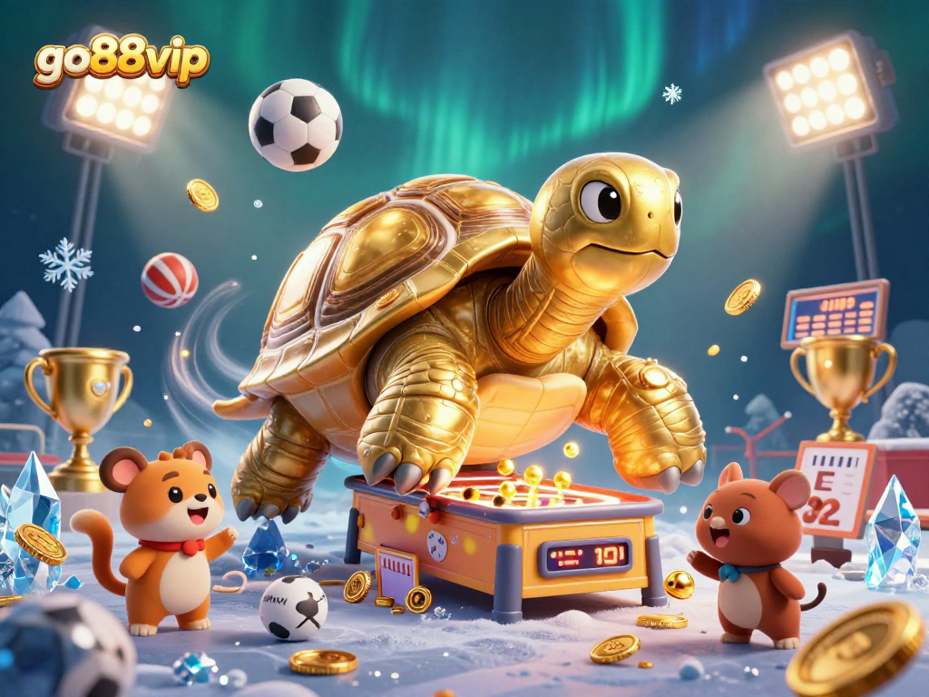 Experience thrilling sports betting action at go88vip with dynamic 3D illustration featuring a golden tortoise and sports elements.