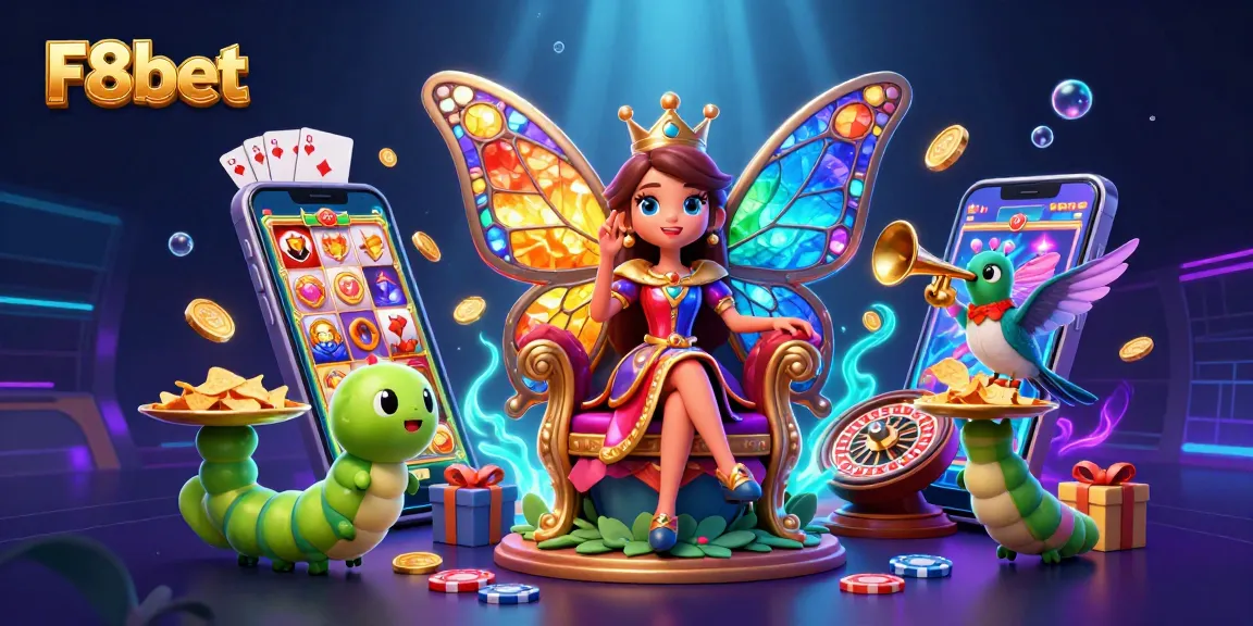 Play vibrant casino games with F8bet, featuring a dynamic butterfly queen illustration and exciting game elements.