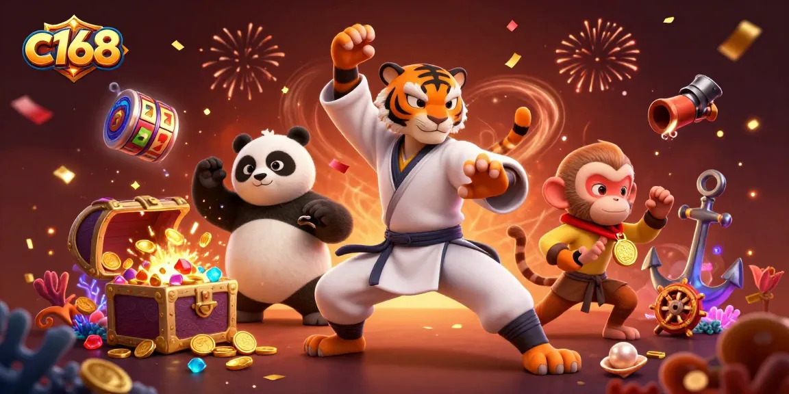 C168 players enjoying vibrant slots among a kung fu tiger master, panda disciple, and mischievous monkey, celebrating wins.