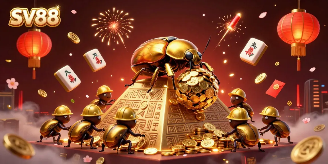 SV88 showcases a golden dung beetle rolling coins in an exhilarating casino-themed scene filled with festive elements.