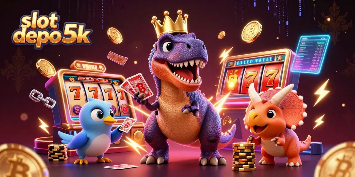 Play slots on slot depo 5k with fun characters like a T-Rex and baby triceratops stacking chips.