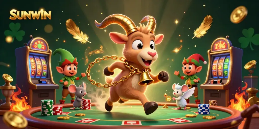 Engaging scene of SUNWIN casino with Krampus goat running games, lively atmosphere featuring gambling elements is highlighted.