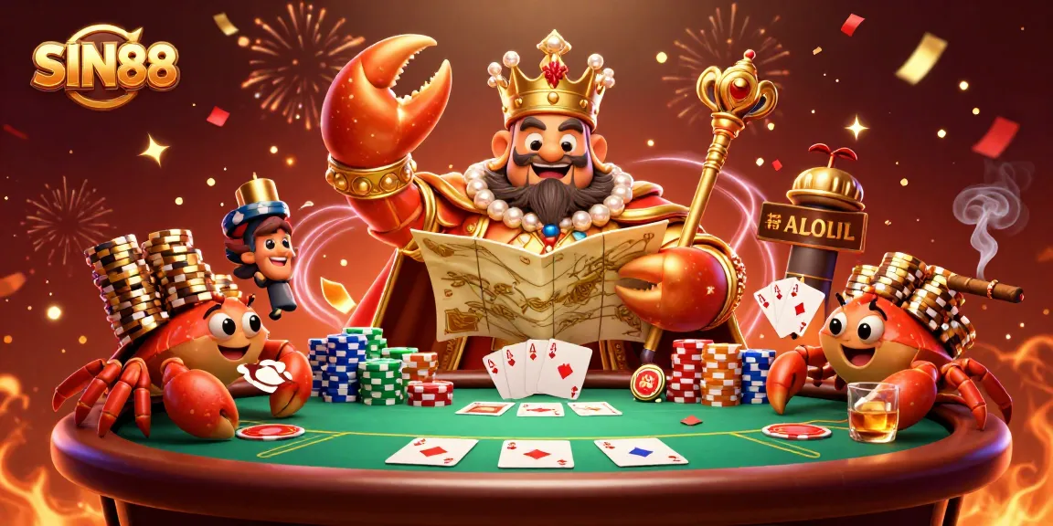 SIN88 challenges players with a captivating golden crab emperor amidst a casino scene of excitement and poker action.