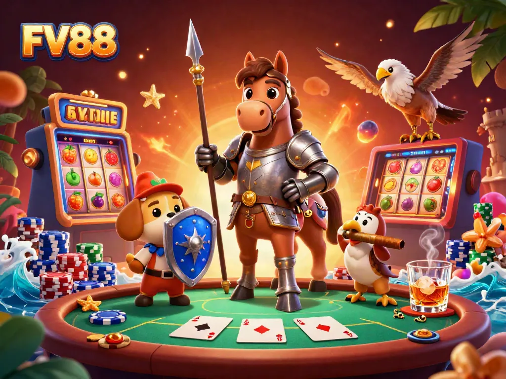 Engage with the exciting world of FV88 through a vibrant casino scene featuring knights, poker, and slots.