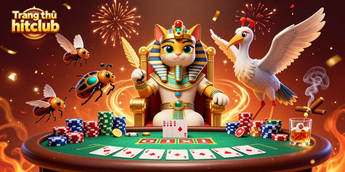 Win with the enchanting Trang chủ hitclub featuring a pharaoh cat and vibrant casino elements.