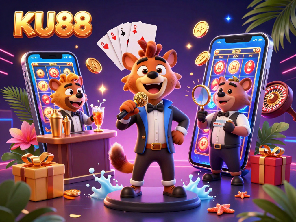 Engage with KU88's exciting animated casino featuring hyenas in a comedy club setting, creating a lively atmosphere.