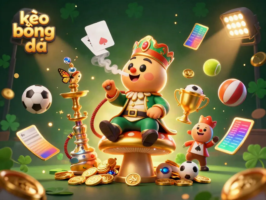 Bet on kèo bóng đá while enjoying a vibrant scene of a cheerful caterpillar in regal attire with sports elements.