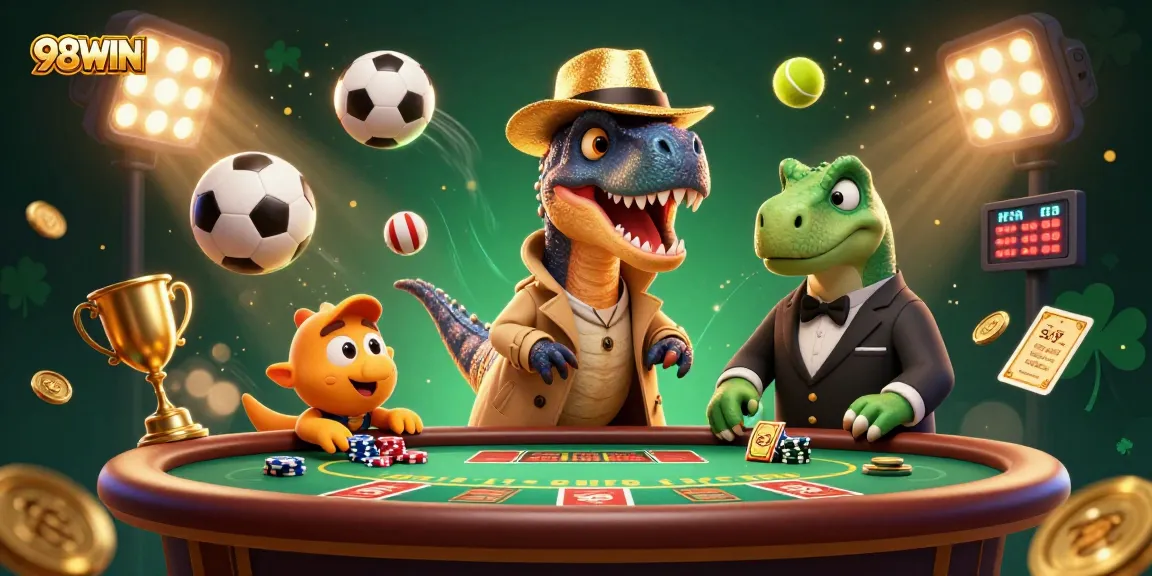 Experience the excitement of 98WIN with animated characters at a blackjack table and dynamic game elements.
