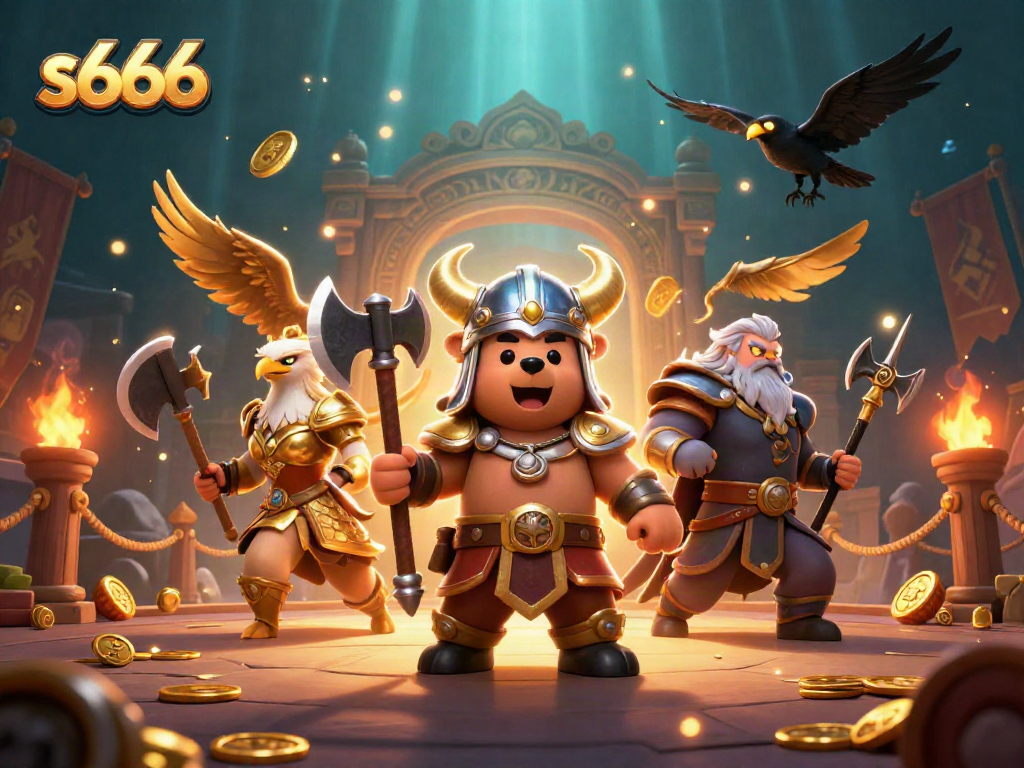 s666 commands respect in this immersive 3D casino scene with a Viking bear and Valkyrie eagle.