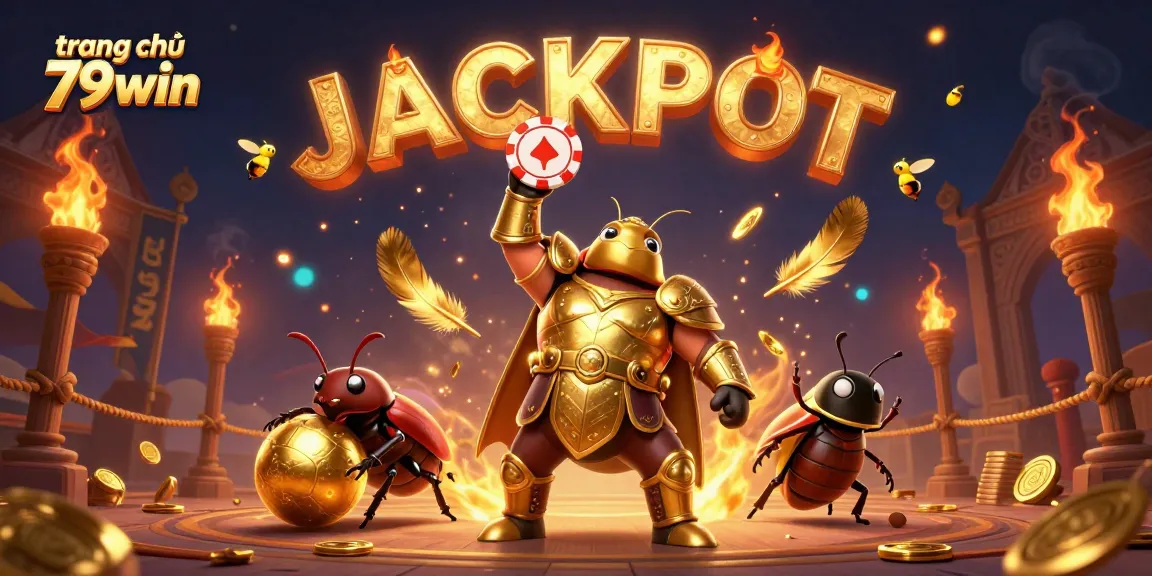 Win big at trang chủ 79win with a victorious beetle hero lifting a poker chip amidst dynamic casino elements.