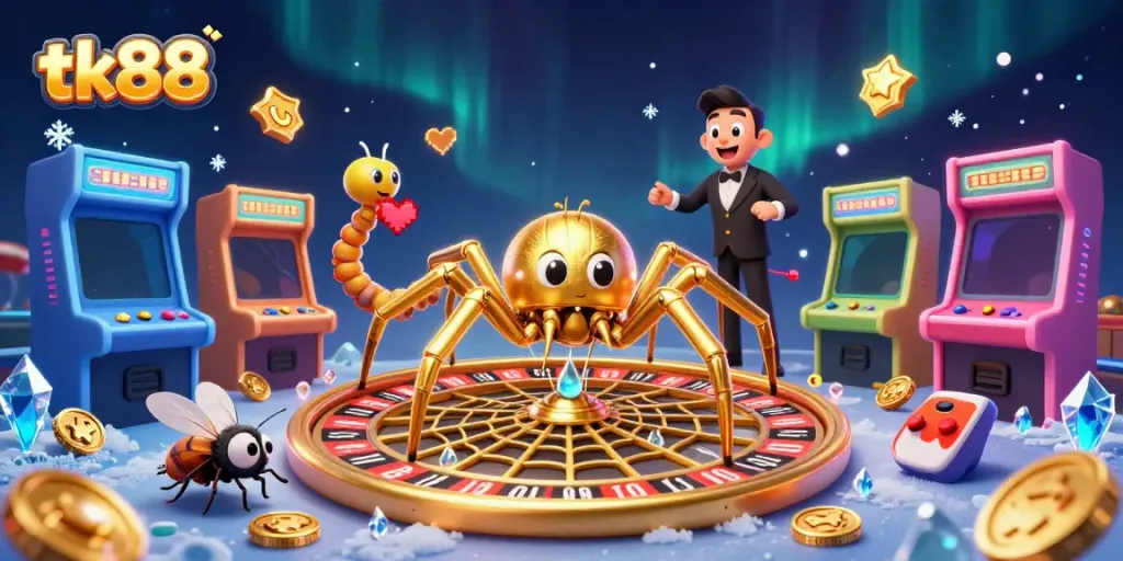 Spin the roulette with tk88, as the golden spider weaves a web of fortune in this dynamic casino illustration.