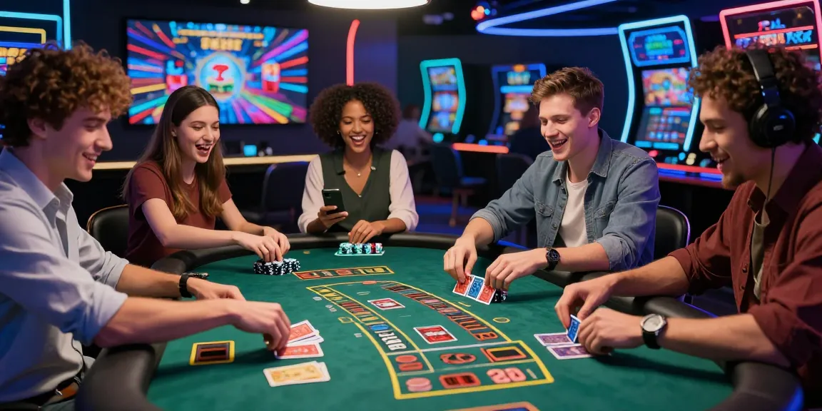 LUCK8 online gaming scene with players excitedly engaging at a digital casino table, vibrant graphics and neon lights.