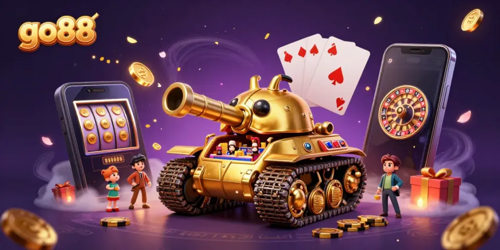 Experience the thrill of gaming with go 88 in a vibrant, colorful casino scene featuring a unique golden beetle tank.
