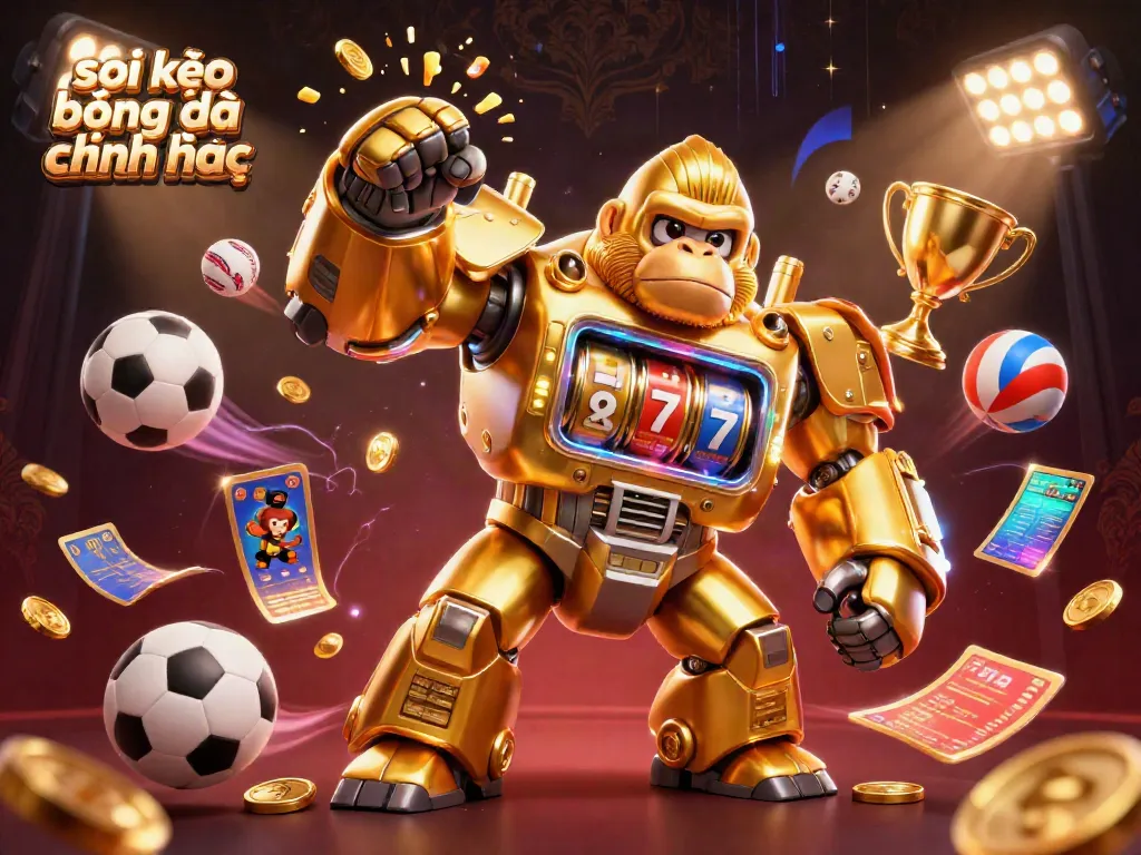 Soi kèo bóng đá chính xác showcasing a dynamic sports betting scene with a golden gorilla mech and flying soccer balls.