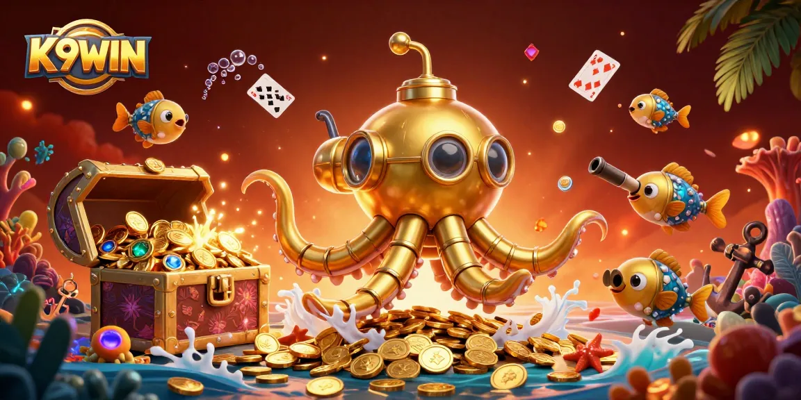 K9WIN players winning big in a vibrant 3D underwater treasure scene filled with gold coins and casino elements