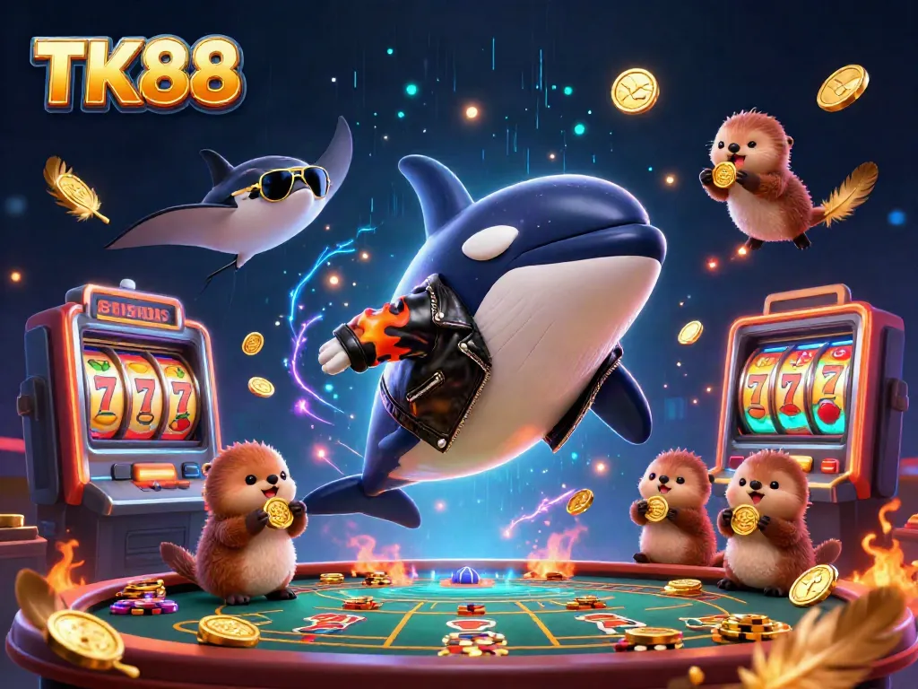Experience the excitement of TK88 with a dynamic 3D casino scene featuring vibrant characters and gaming elements.