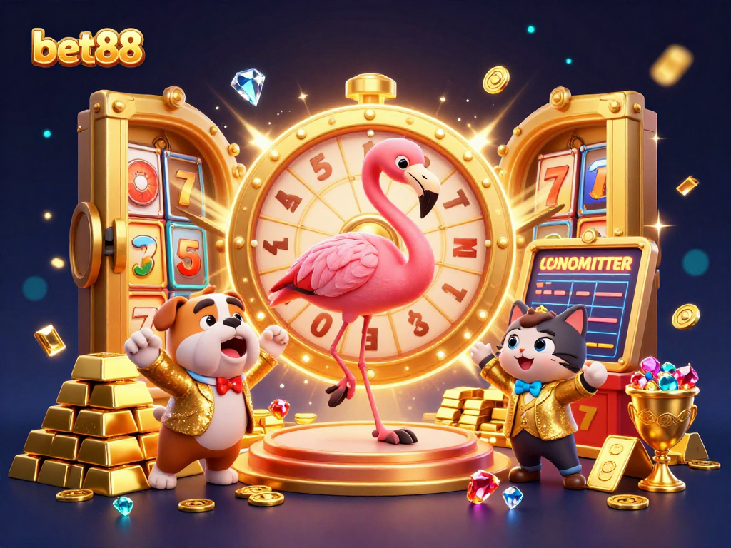 Experience excitement at bet88 with a lively scene featuring a game show host, bulldog contestant, and prize scoreboard.