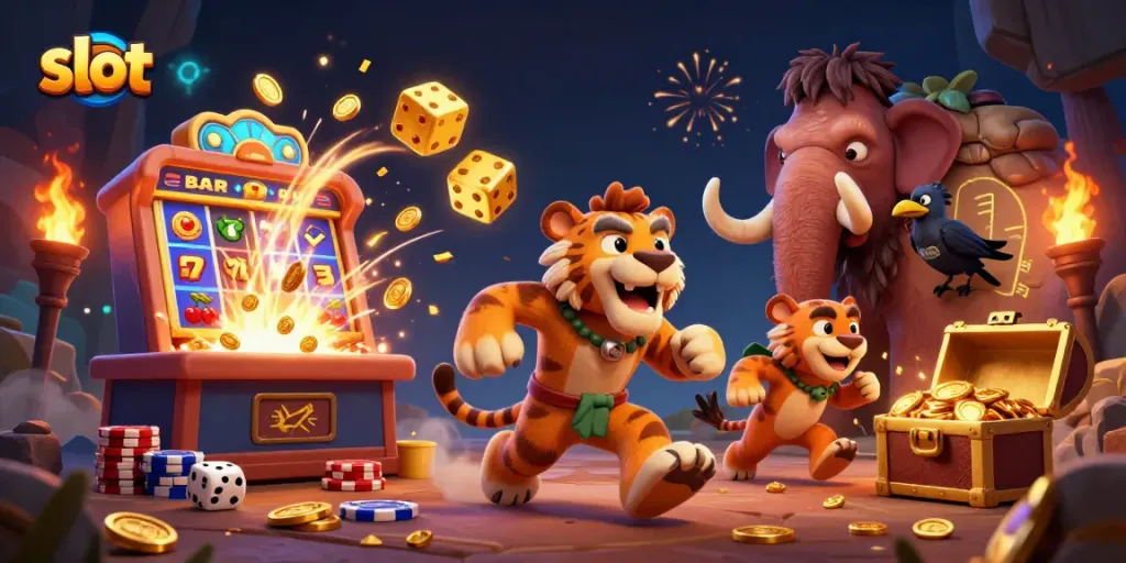 Spin for jackpots with a whimsical slot-themed 3D casino illustration showcasing vibrant characters and dynamic elements.