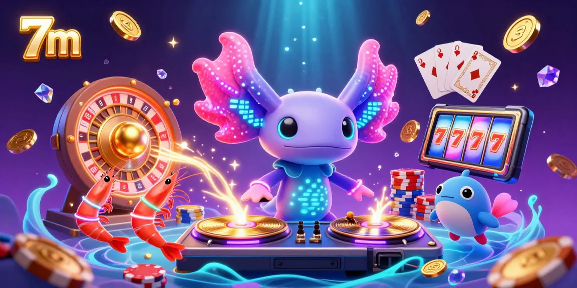 Engaging 7m illustration featuring a colorful axolotl DJ and a vibrant underwater casino vibe, capturing excitement in gambling.