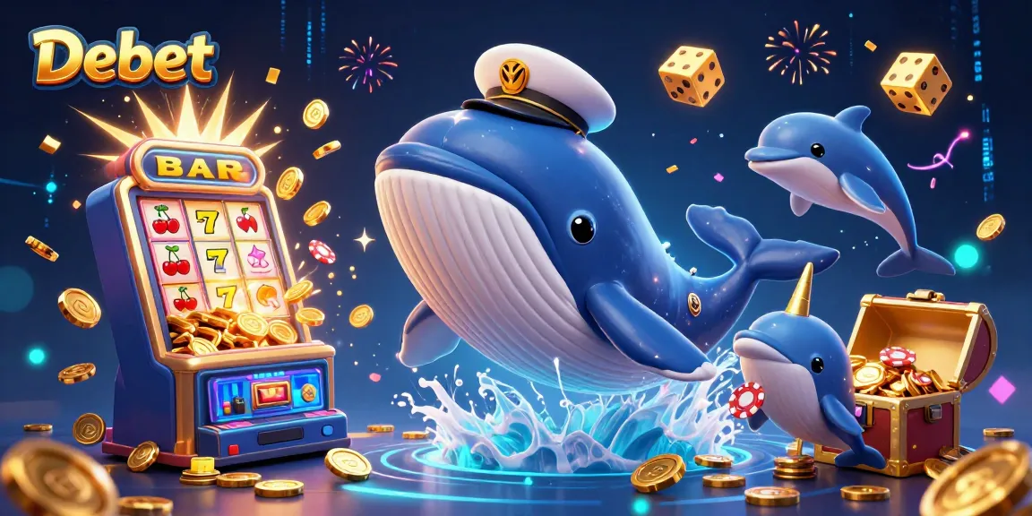 Debet's thrilling experience features a cartoon whale and casino excitement amidst cascading coins.