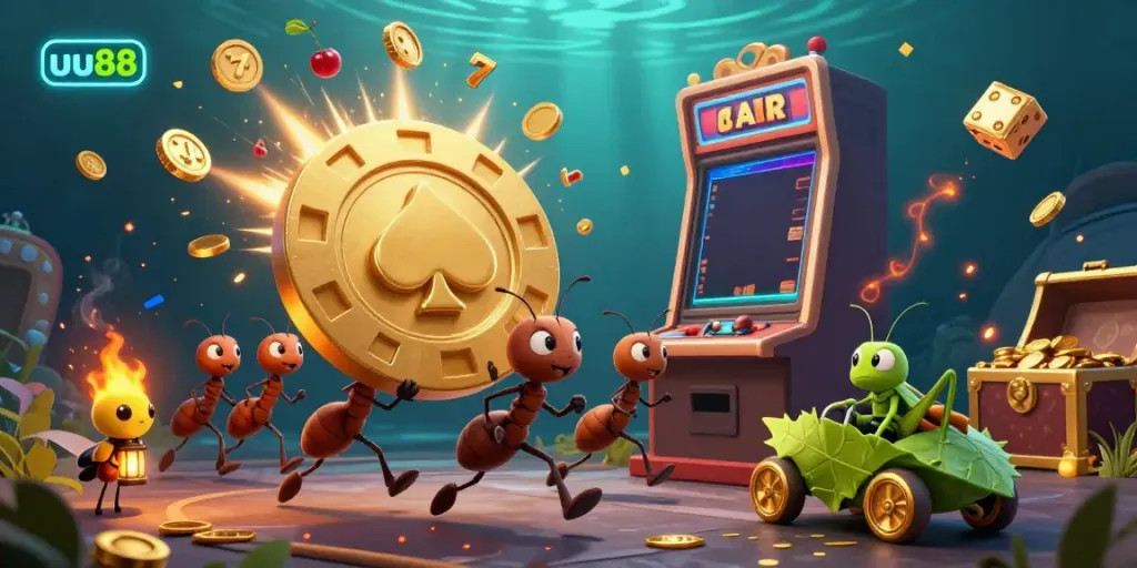 Experience the thrilling adventure of uu88 with cartoon ants heisting a giant poker chip amidst a dynamic casino scene.