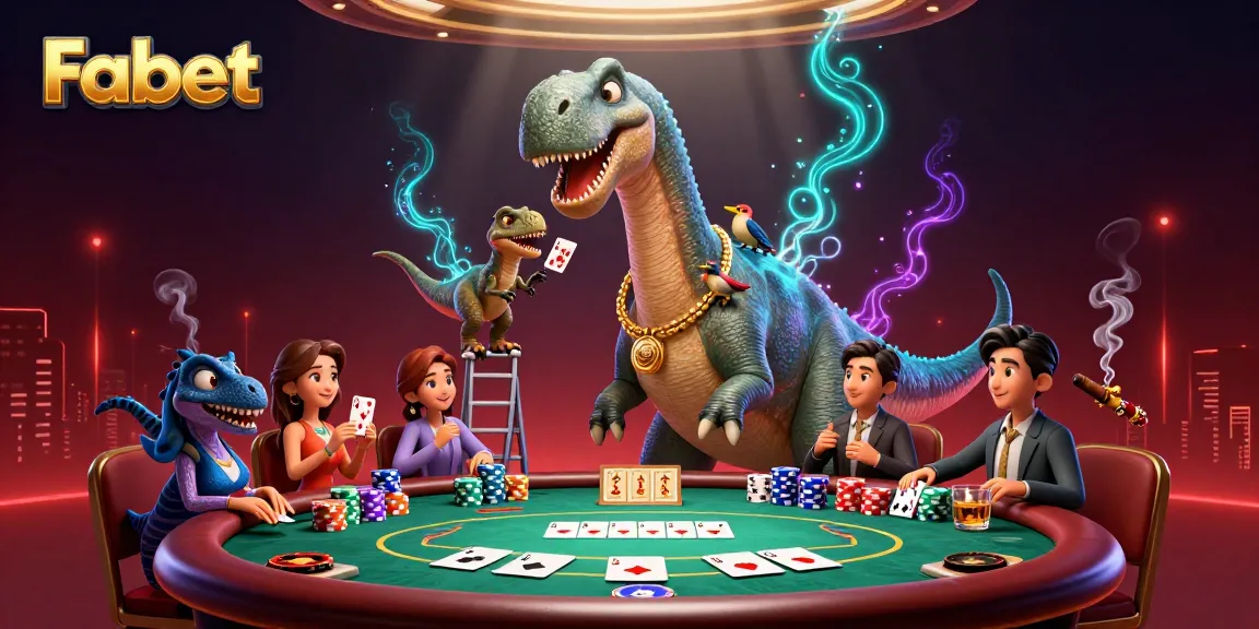 Fabet showcases a lively poker scene with a towering brontosaurus and a raptor dealer in action.
