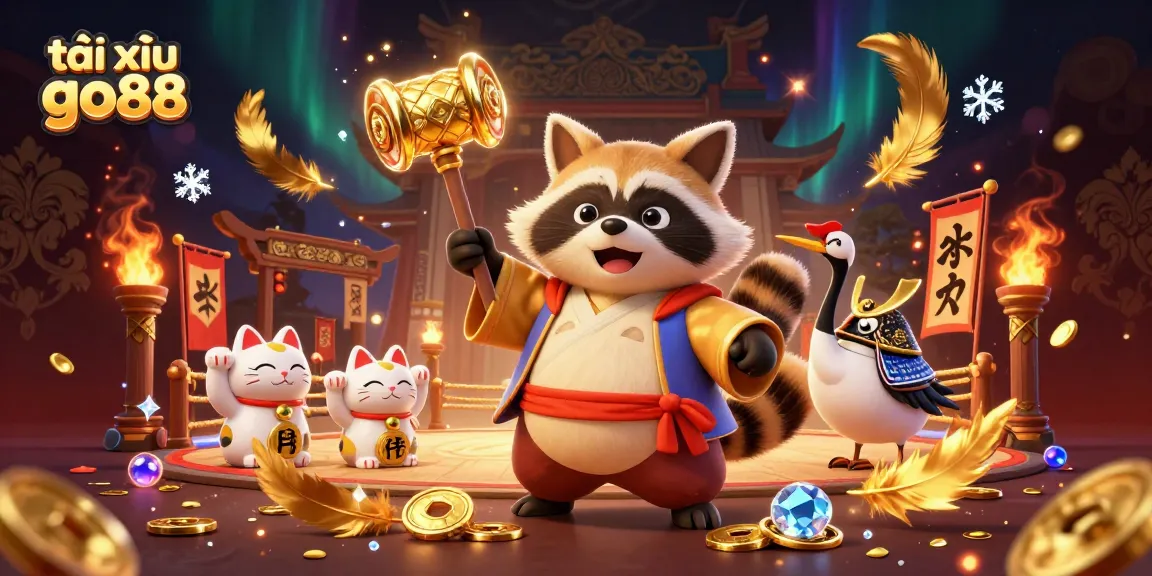 Experience thrilling tài xỉu go88 action with a cheerful tanuki and festive companions in a vibrant casino scene.