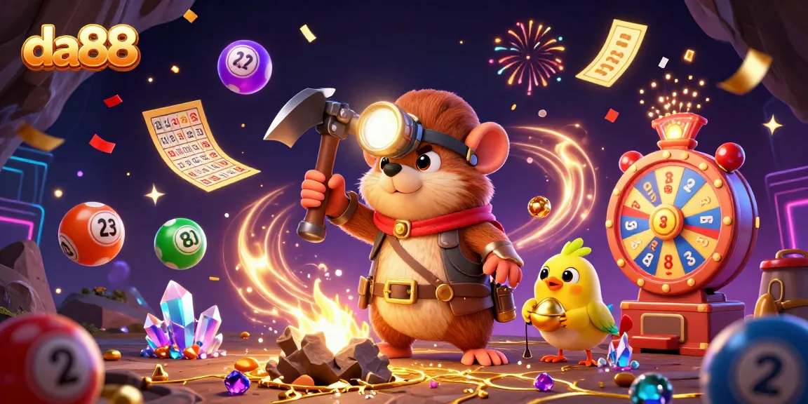 Engage in da88 excitement with a treasure hunter mole in a golden cave, surrounded by dynamic lottery elements.
