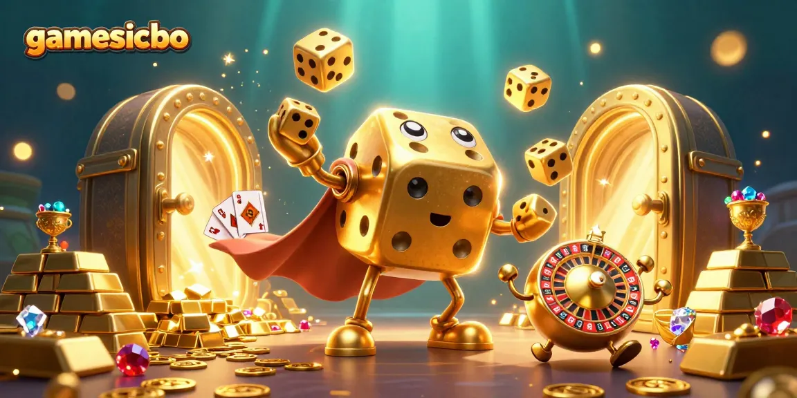 Experience the excitement of gamesicbo with vibrant golden dice and treasures in this dynamic casino scene.