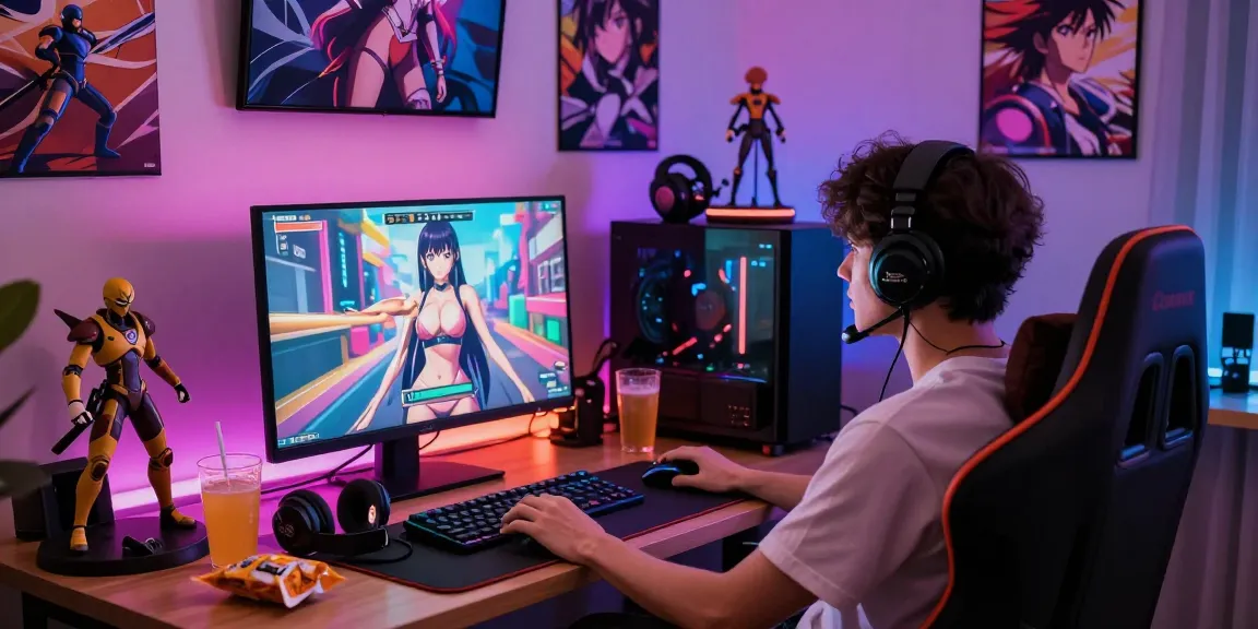 Engaging player enjoying a real ecchi game in a vibrant gaming room filled with anime art.