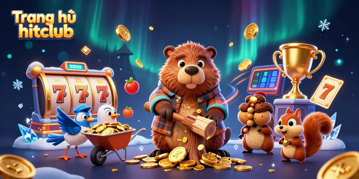 Experience the excitement at Trang chủ hitclub with a vibrant 3D illustration showcasing thrilling slot games and dynamic characters.
