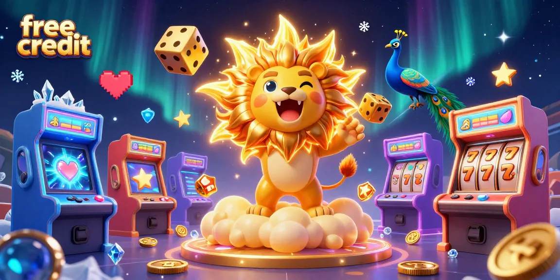 Engage with free credit offers as a roaring sun lion and vibrant casino elements create a lively gaming scene.