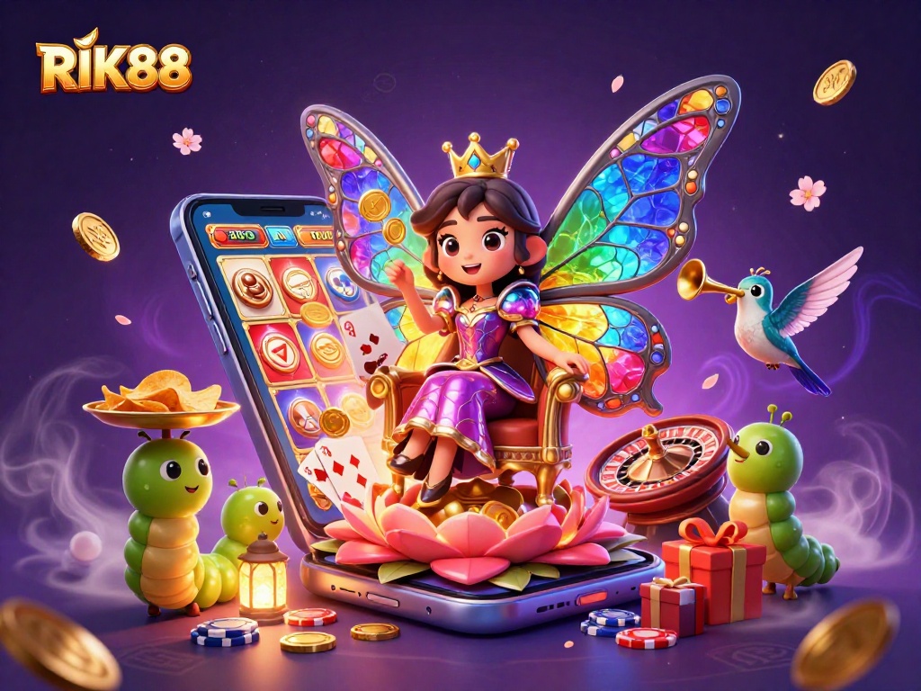 Engage in thrilling gaming with RIK88, featuring vibrant 3D visuals of casino elements and characters.