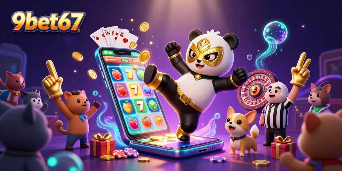 Engage with 9bet67's vibrant casino scene featuring a panda wrestler amidst slot games and cheering animals.