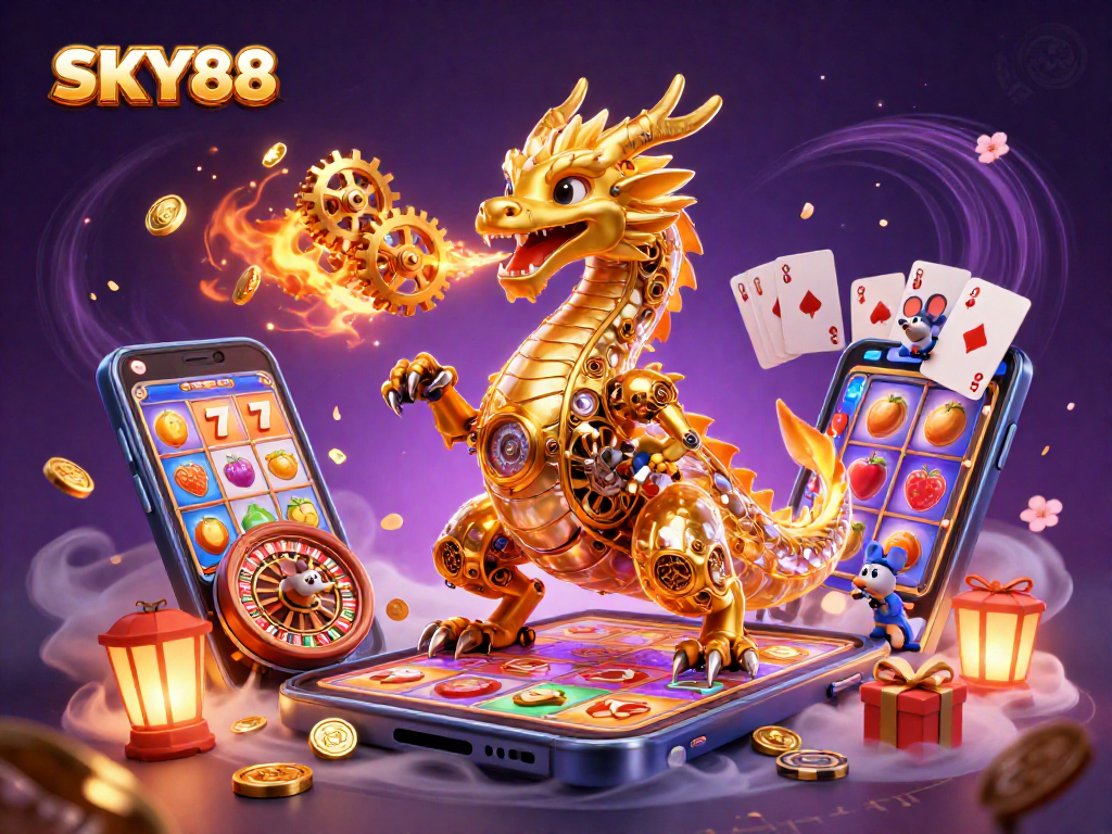 Sky88 captivates players with a golden dragon; dynamic slot games and coins erupting from smartphones.
