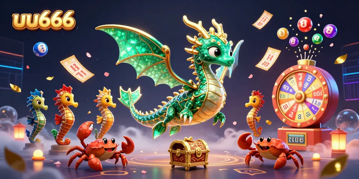 Engage with uu666's vibrant gaming scene featuring lottery balls, prizes, and a sea dragon.