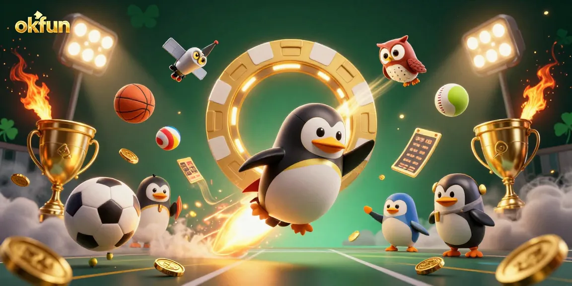 Experience the thrill of okfun casino with the dynamic rocket-powered penguin racing towards a vibrant casino.
