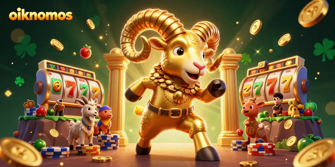 Oikonomos spins lucky reels with a golden ram at a vibrant casino scene, highlighting jackpot excitement.