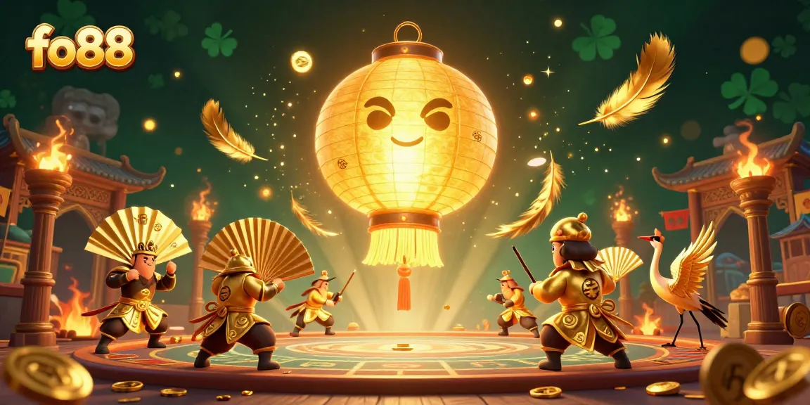Engage in thrilling experiences at fo88 with a lively scene of a giant golden lantern spirit surrounded by dynamic casino elements.