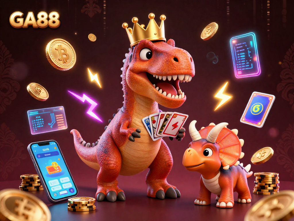 GA88 showcases a T-Rex shuffling cards, symbolizing winning strategies in a vibrant casino setting.