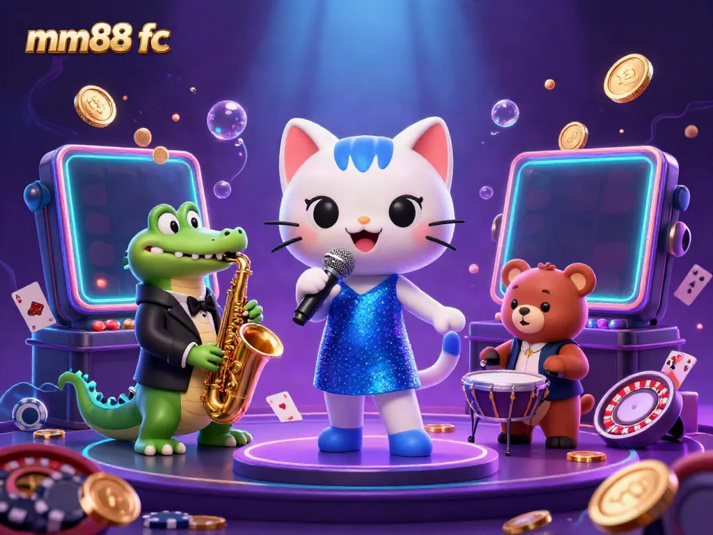 Experience the magic of mm88 fc with colorful slot games and lively characters in a vibrant casino setting.