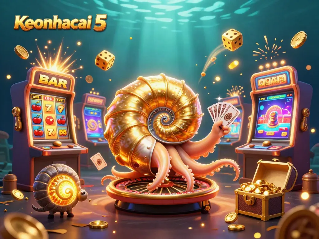 Engage with Keonhacai 5's dynamic 3D illustration featuring a giant nautilus roulette wheel and vibrant casino elements.