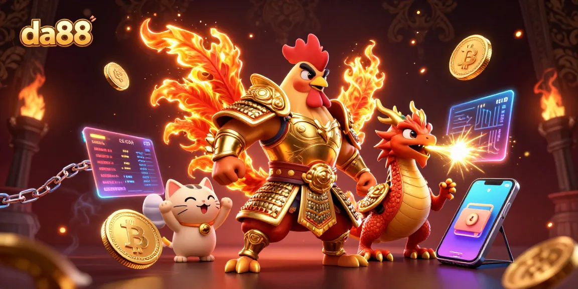 da88 gaming illustration featuring a rooster warrior and dragon hatchling with cryptocurrency elements.