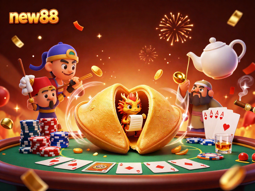 Experience the excitement of new88 with a cartoon scene of a fortune cookie, dragon, and poker elements.