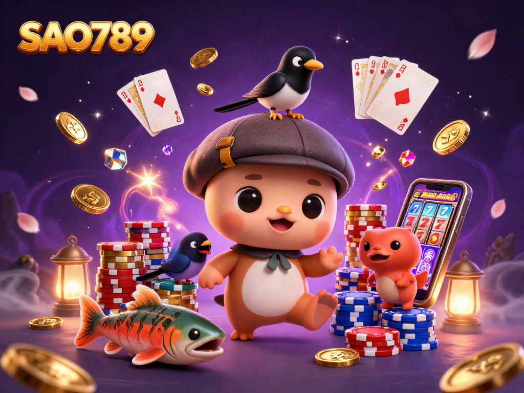 Engage in thrilling gameplay at SAO789 with vibrant 3D illustration showcasing colorful casino elements.
