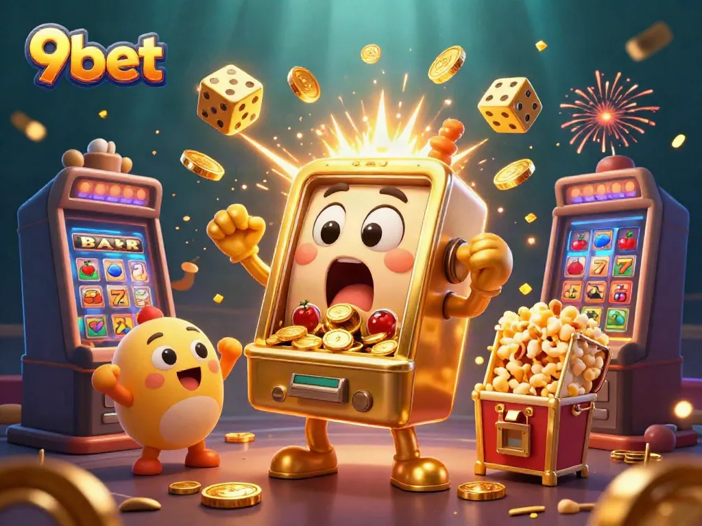 9bet animated slot machine enjoying a jackpot with cheering mini slot machines and vibrant casino symbols.