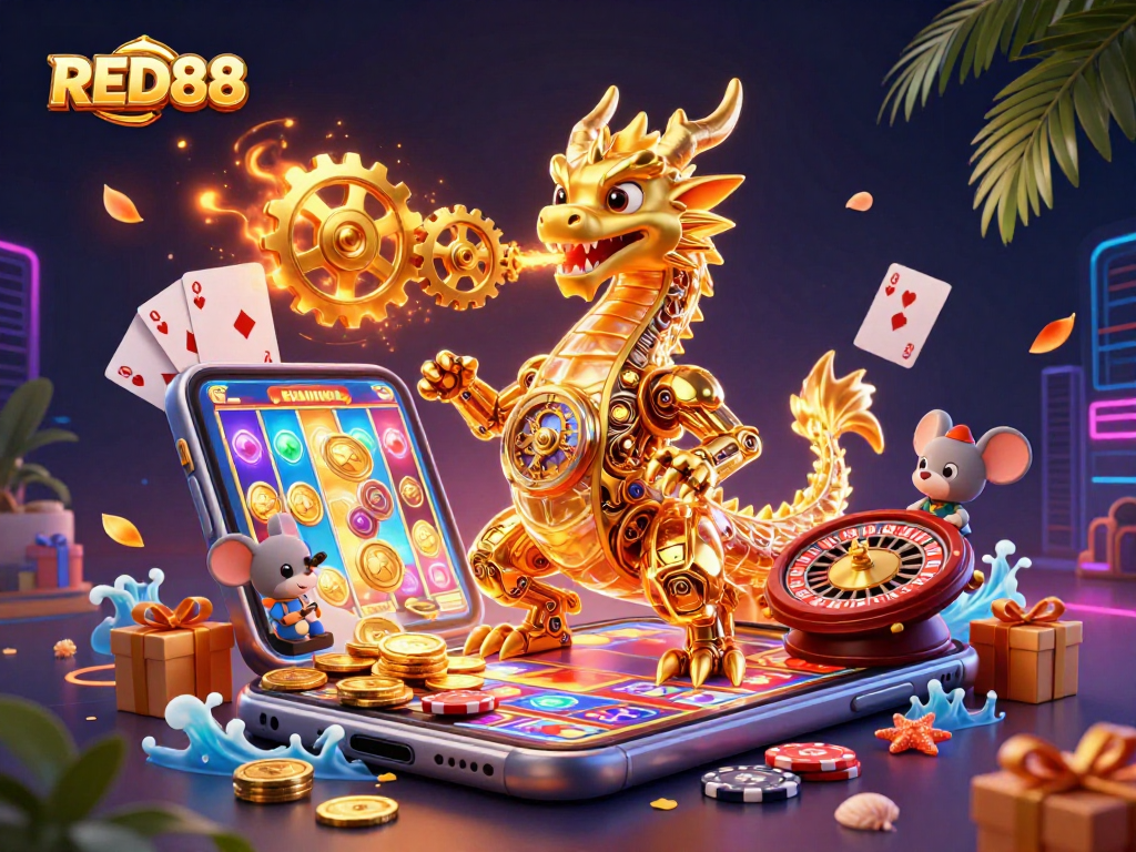 Experience thrilling gameplay at RED88 with a 3D dragon and vibrant casino elements.
